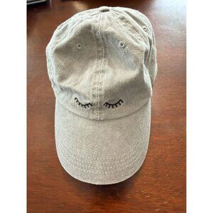 Gray Cotton Baseball Cap With Embroidered Eyelash Design Adjustable Strap One Si